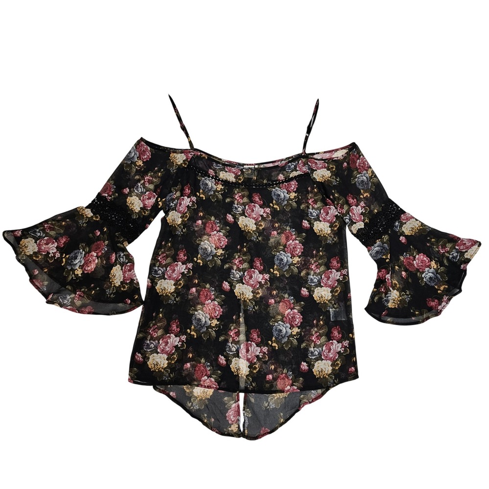 Paper Crane Black Floral Off Shoulder Bell‎ Sleeve Blouse S Flowy Fairycore Top